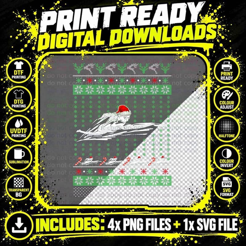 Swimmin Santa Ugly Christmas Sweater Sport Swim Swimmer Png SVG Digital Bundle