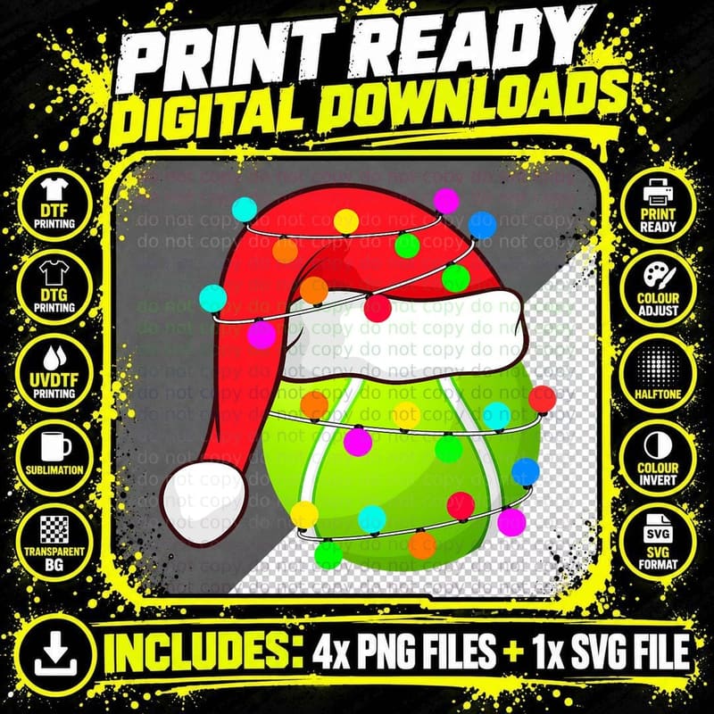 Tennis Santa Hat Christmas Lights Funny Sport Xmas Boys Png SVG Digital Bundle