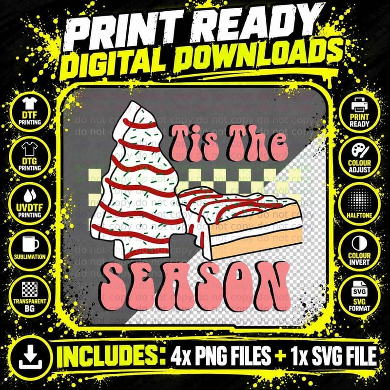 Tis the Season Christmas Tree Cakes Groovy Retro Debbie Png SVG Digital Bundle