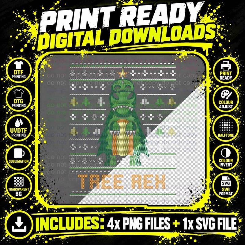 Tree Rex Ugly Sweater T-Shirt, Christmas Dinosaur Pixel Png SVG Digital Bundle