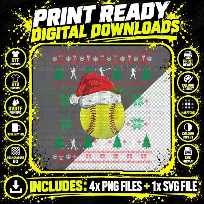 Ugly Christmas Softball for Girls Kids Ball Santa Paja Png SVG Digital Bundle