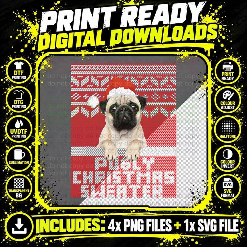 Ugly Christmas Sweater Pug T-Shirt, Festive Pet Apparel Png SVG Digital Bundle