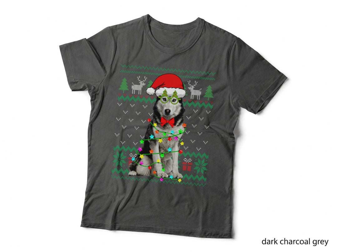 Ugly Sweater Christmas Lights Siberian Husky T-Shirt, Festive Holiday Style