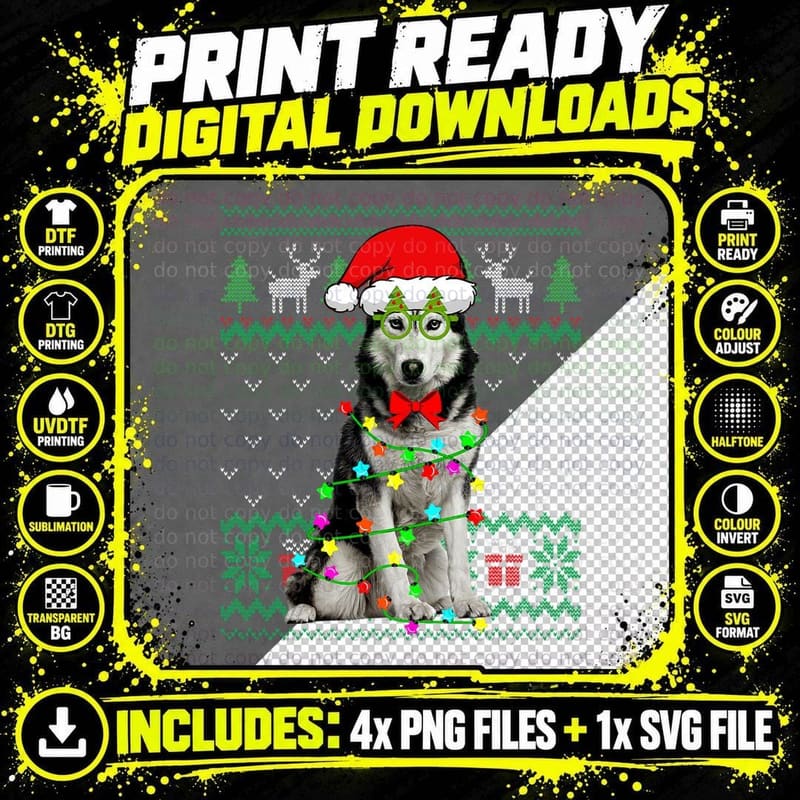 Ugly Sweater Christmas Lights Siberian Husky T-Shirt Png SVG Digital Bundle