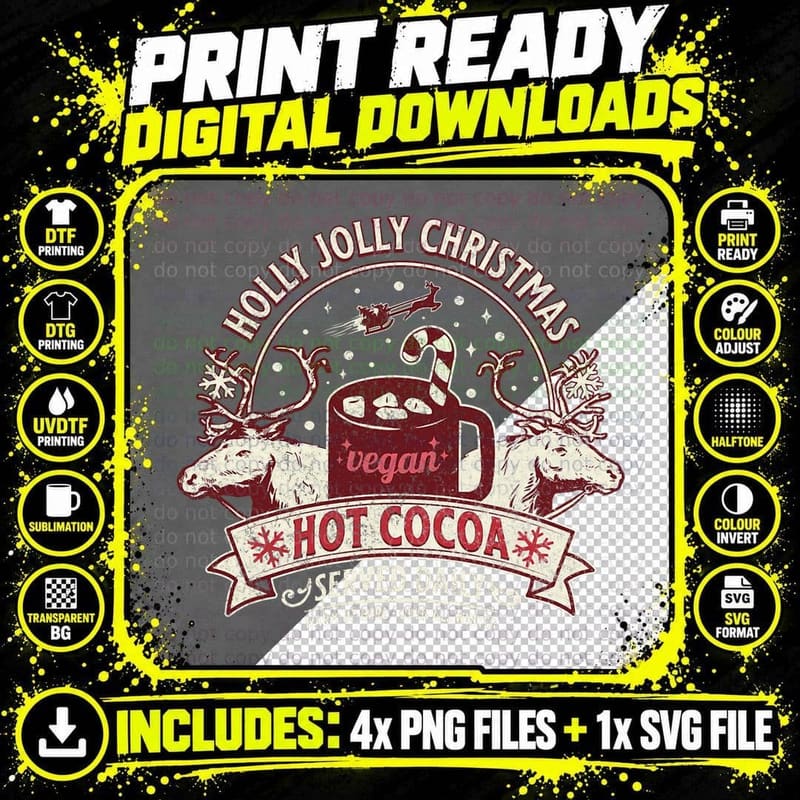 Vegan Christmas Hot Cocoa T-Shirt, Vintage Reindeer Retro Png SVG Digital Bundle