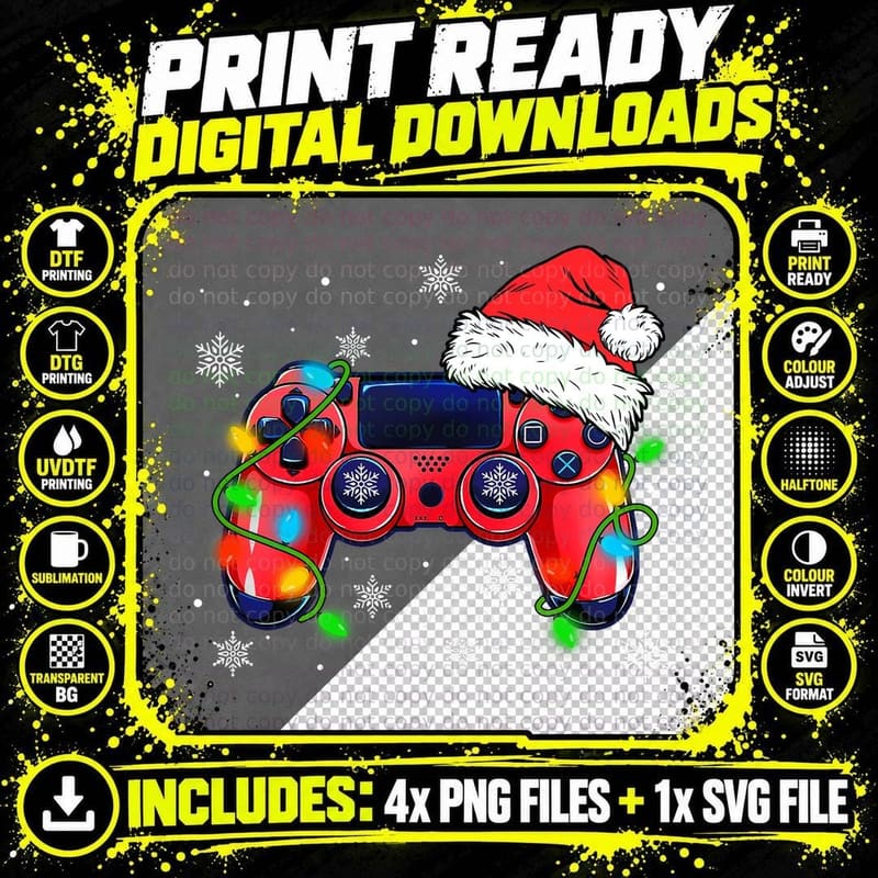 Video Game Controller Christmas Santa Hat Gamer Boy Png SVG Digital Bundle