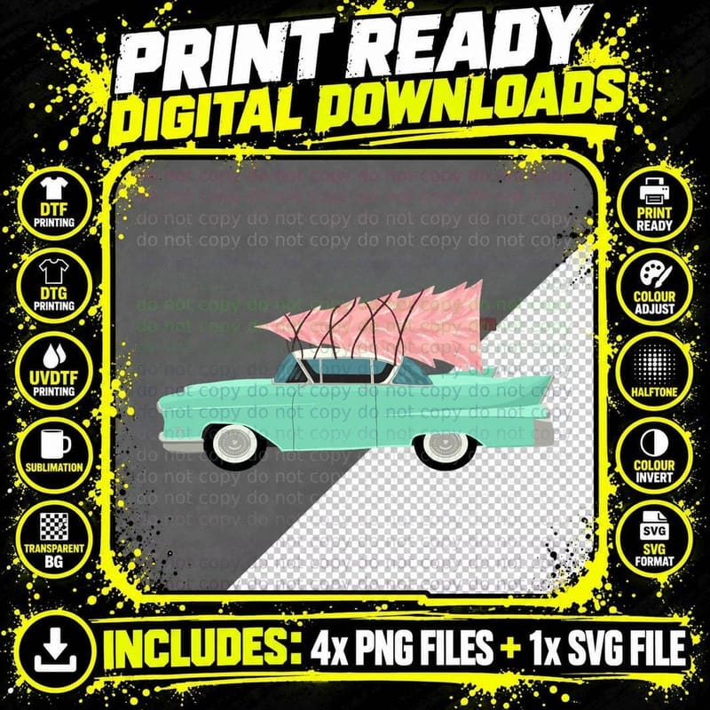 Vintage Aqua Car with Pink Christmas Tree T-Shirt Png SVG Digital Bundle