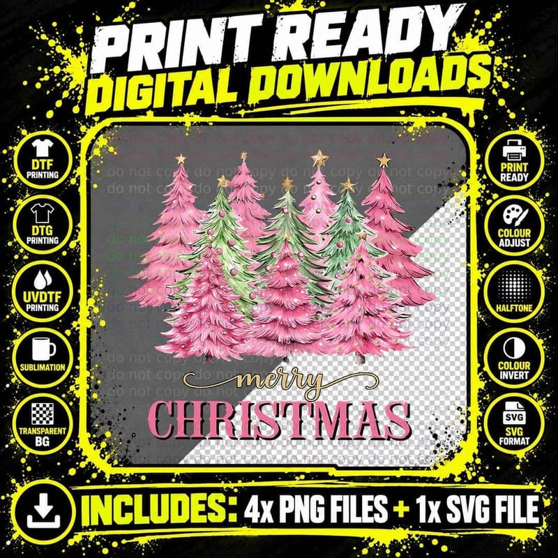 Vintage Pink Christmas Shirt, Women Merry Christmas Tree Png SVG Digital Bundle