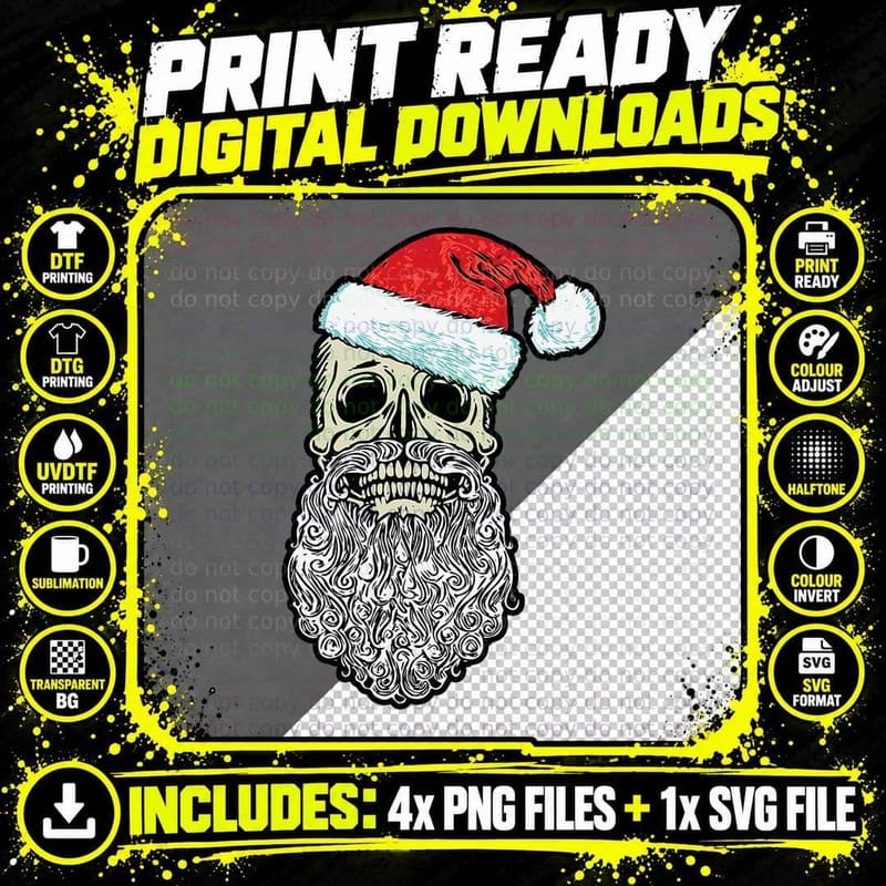 Vintage Skull & Santa Hat Retro Metal Christmas Graphic Png SVG Digital Bundle