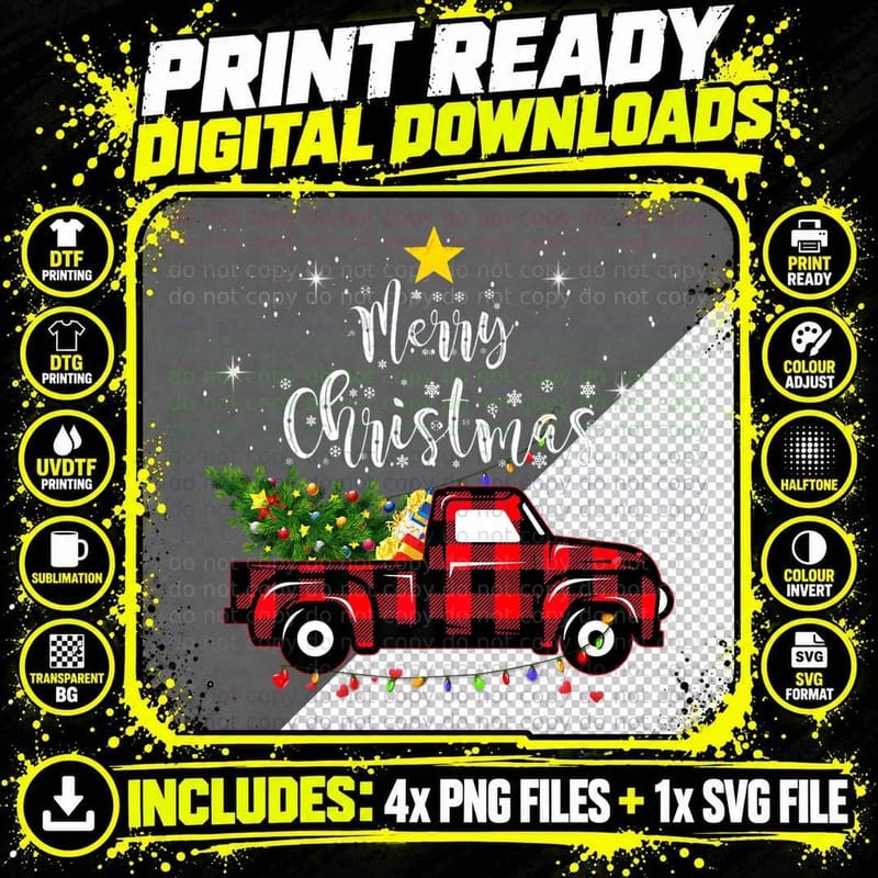 Vintage Style Farm Red Truck with Christmas Tree Red Png SVG Digital Bundle