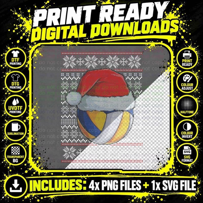 Volleyball Ugly Christmas Sweater Santa Hat Sport Fan Png SVG Digital Bundle
