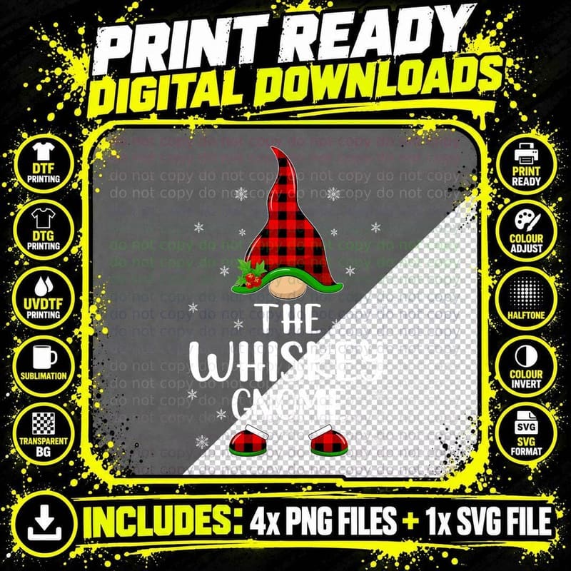 Whiskey Gnome Buffalo Plaid Christmas Png SVG Digital Bundle