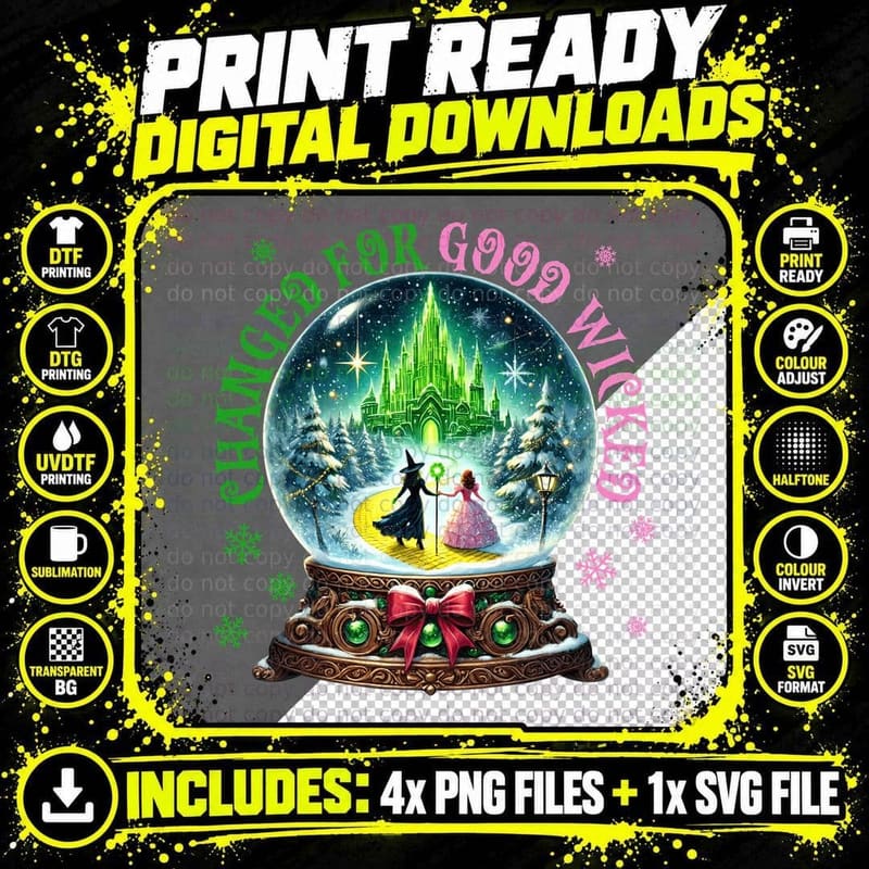 Wicked Christmas Snow Globe Emerald City, Witch Glinda Png SVG Digital Bundle