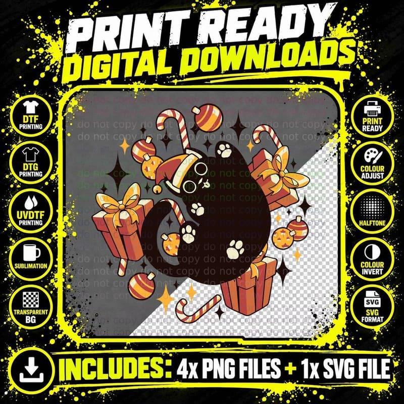Xmas Kawaii Black Kitten by Tobe Fonseca T-Shirt Png SVG Digital Bundle