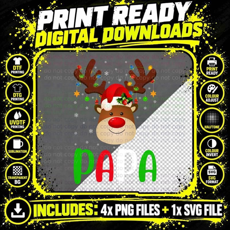 Xmas Lighting Matching Family Papa Reindeer Christmas Png SVG Digital Bundle