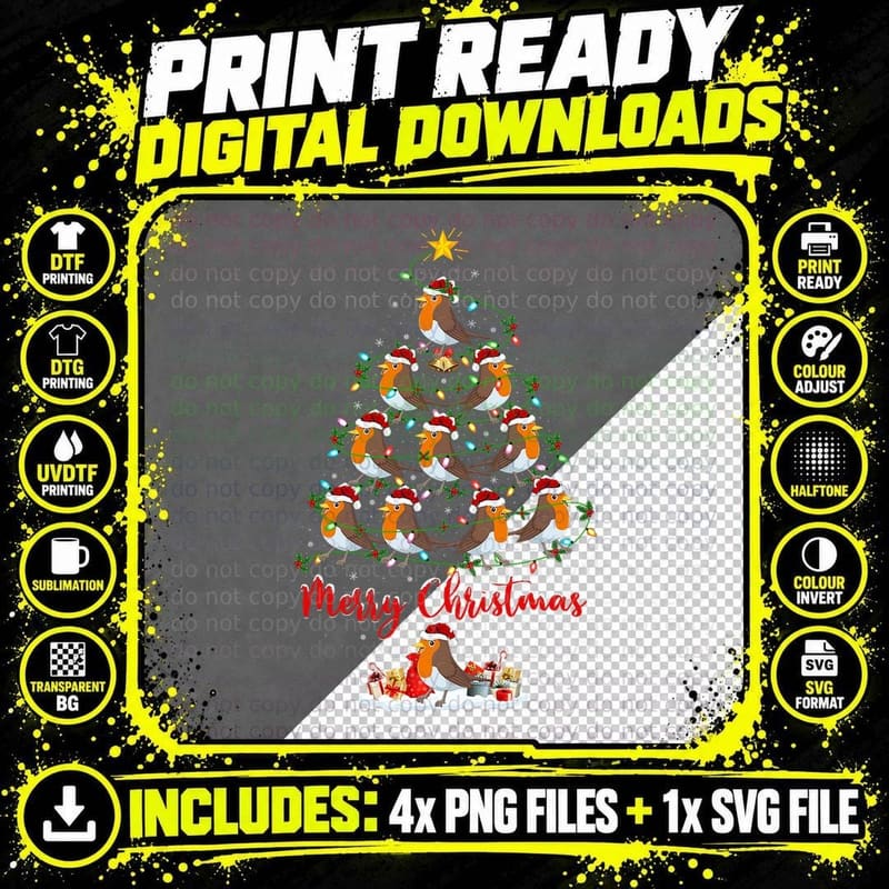 Xmas Lighting Santa American Robin Bird Christmas Tree Png SVG Digital Bundle