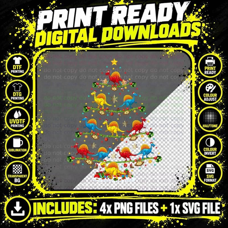 Xmas Lighting Santa Dinosaur Spinosaurus Christmas Tree Png SVG Digital Bundle