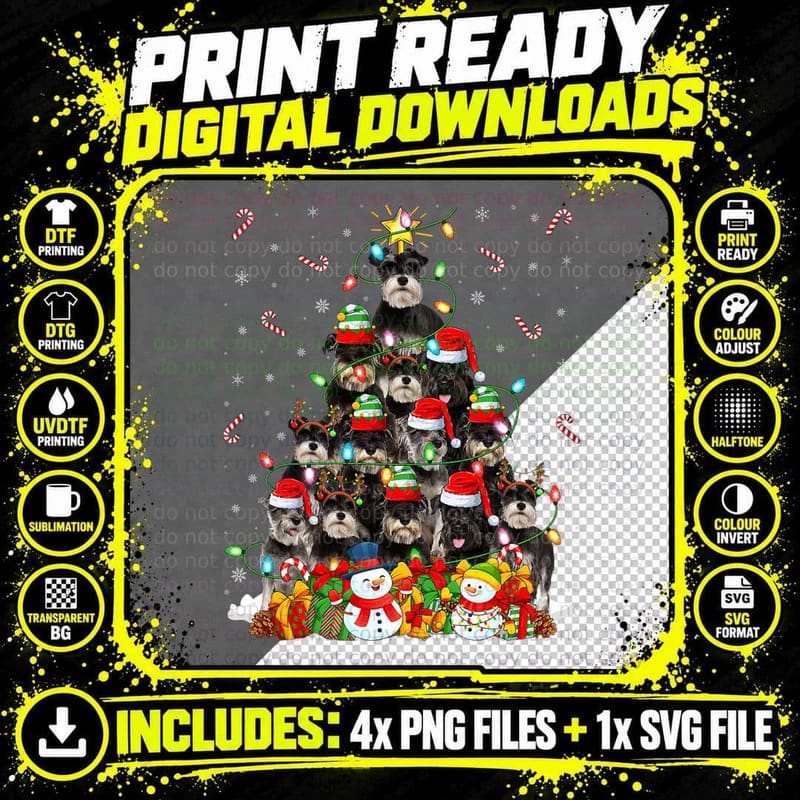 Xmas Lighting Santa Miniature Schnauzer Dog Christmas Png SVG Digital Bundle