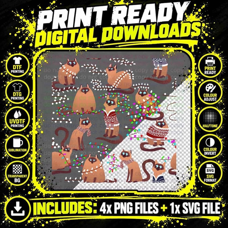 Christmas Cats with Colorful Lights T-Shirt Png SVG Digital Bundle
