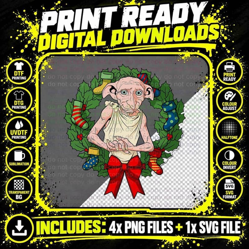 Christmas Dobby Wreath T-Shirt Png SVG Digital Bundle