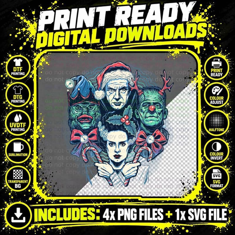 Christmas Monsters, Dracula, Creature from the Black Png SVG Digital Bundle