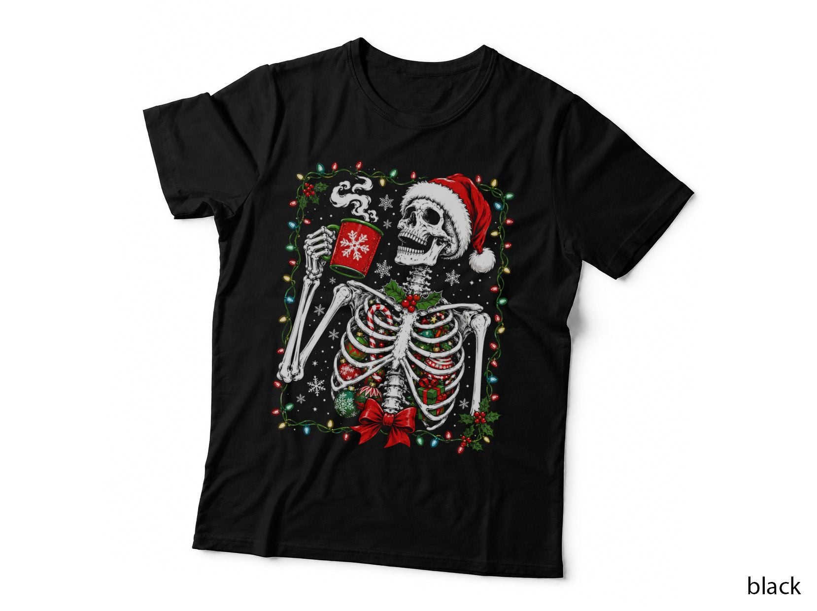 Christmas Skeleton Hot Cocoa T-Shirt Funny Xmas Santa Hat Gothic Cosy Gift Tee