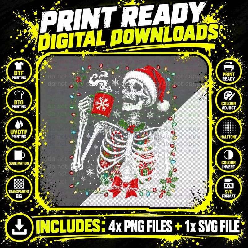 Christmas Skeleton Hot Cocoa T-Shirt Funny Xmas Santa Png SVG Digital Bundle