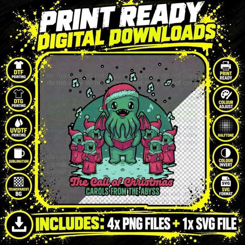 Cthulhu Christmas Carol T-Shirt, Festive Horror Tee Png SVG Digital Bundle