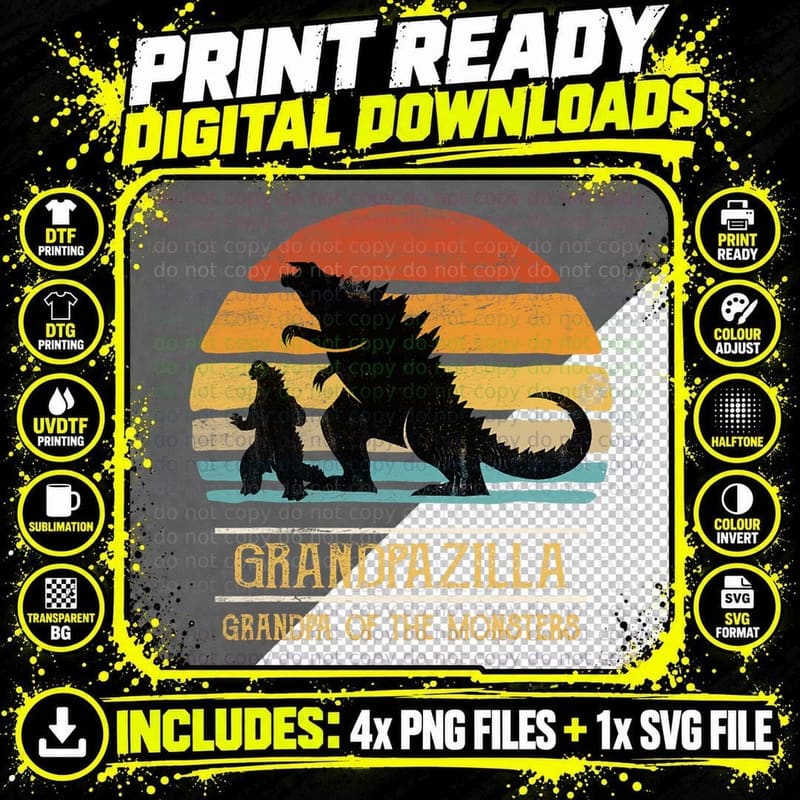 Grandpazilla Grandpa of Monsters Retro Halloween Png SVG Digital Bundle