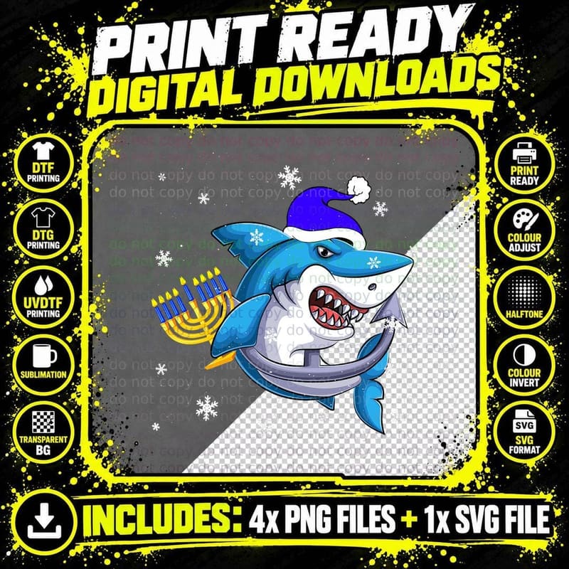 Hanukkah Shark Menorah T-Shirt, Festive Holiday Design Png SVG Digital Bundle