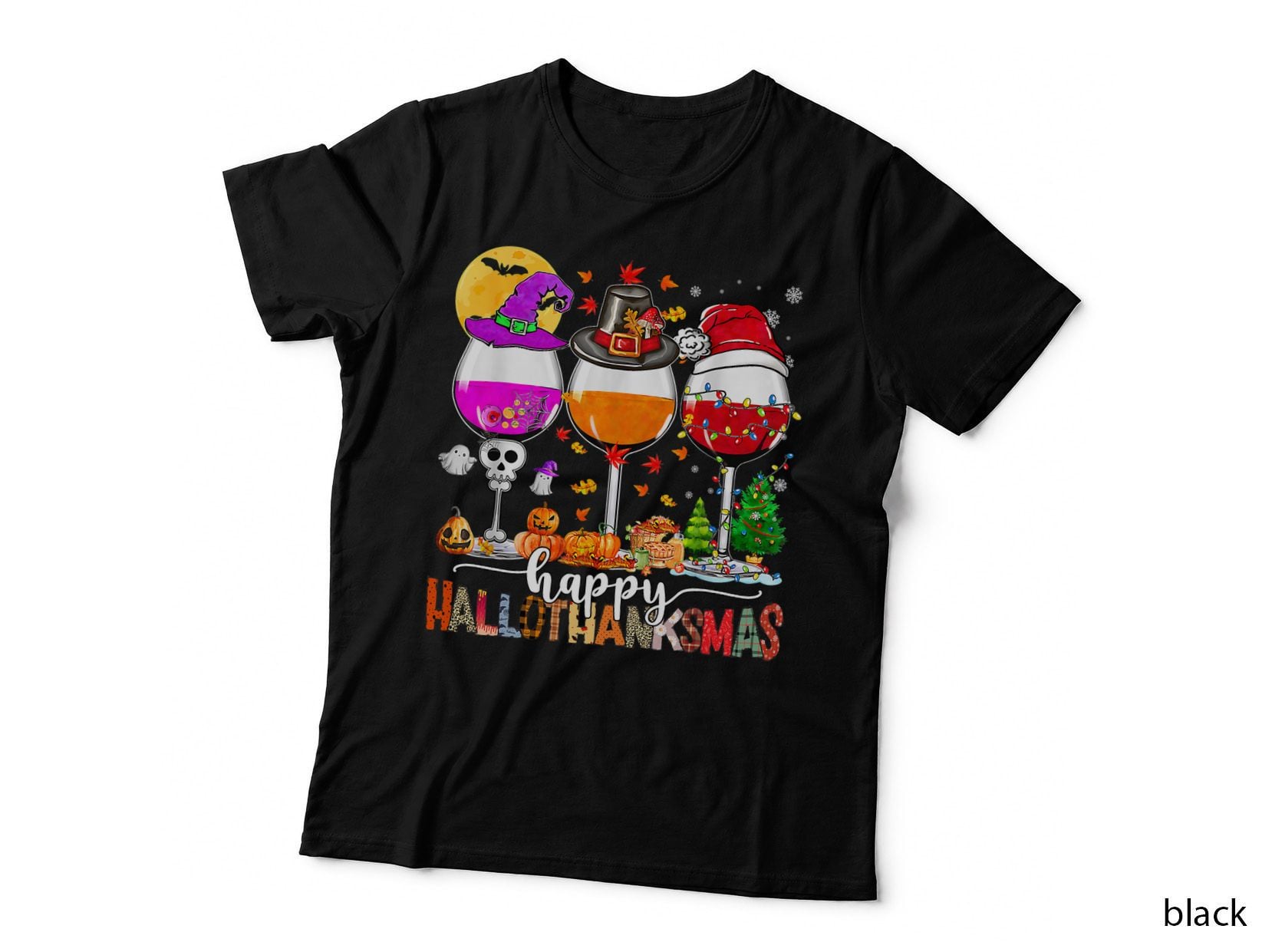 Happy Hallothanksmas Wine Glasses Witch Santa Hat Pumpkin T-Shirt