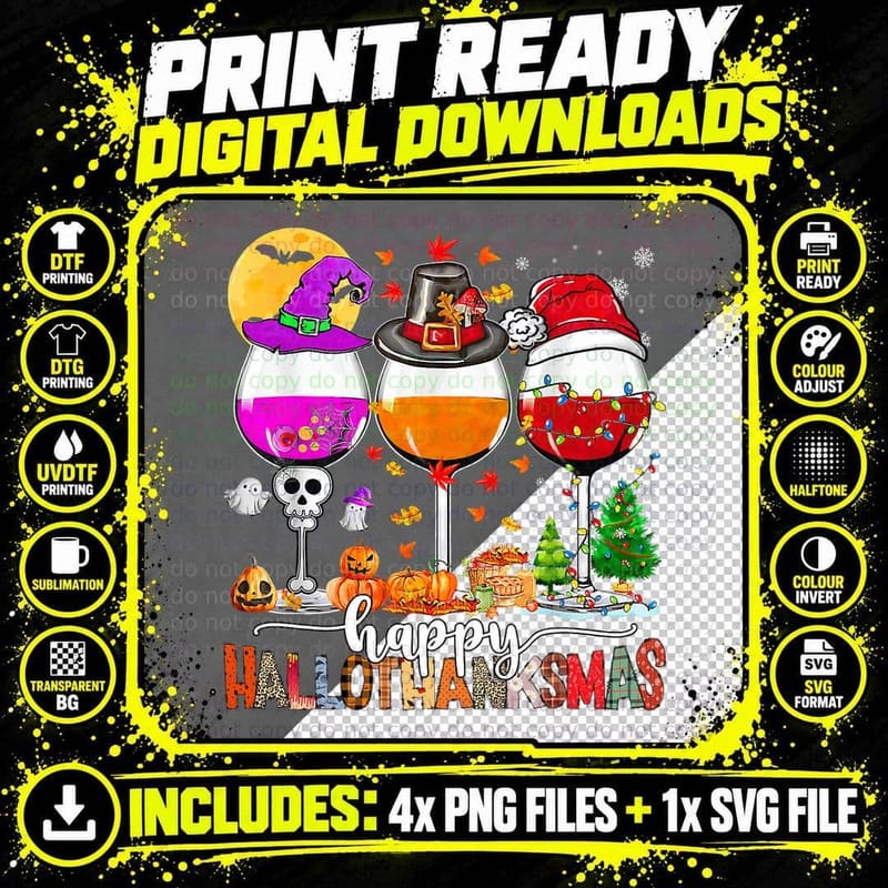 Happy Hallothanksmas Wine Glasses Witch Santa Hat Png SVG Digital Bundle