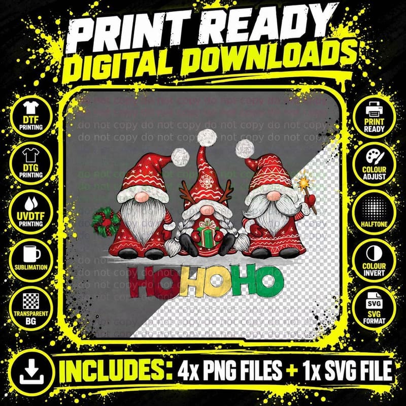 Hohoho Christmas Three Red Gnomes Santa Claus Png SVG Digital Bundle