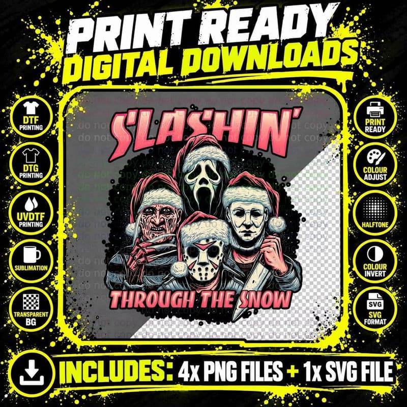 Slasher Characters Christmas T-Shirt, Retro Horror Tee Png SVG Digital Bundle