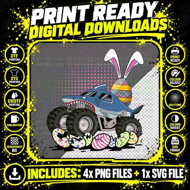 Easter Egg Hunting Monster Truck Shark, Colorful Eggs Png SVG Digital Bundle