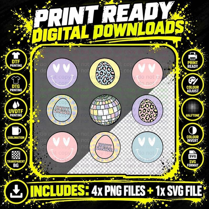 Easter Egg Smile Disco Retro Groovy Happy Easter Day Png SVG Digital Bundle