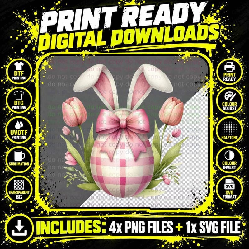 Easter Egg with Bunny Ears and Flowers Easter T-Shirt Png SVG Digital Bundle