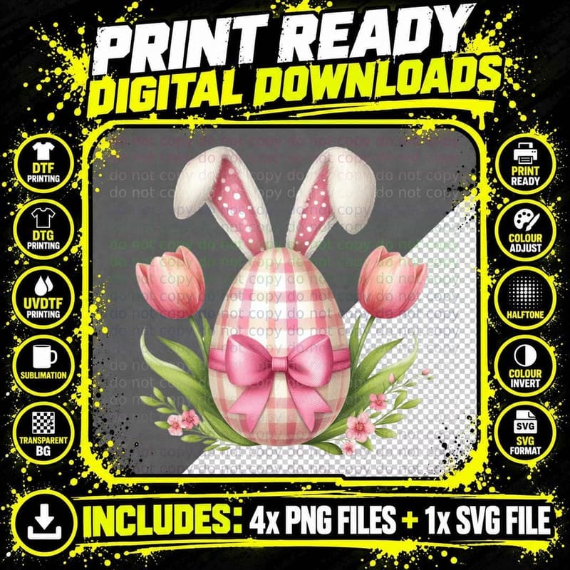 Easter Egg with Bunny Ears and Tulips Easter T-Shirt Png SVG Digital Bundle