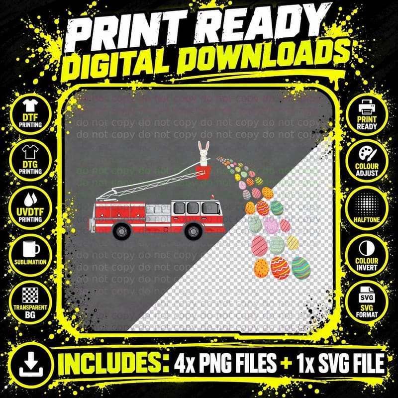 Easter Eggs Fire Truck Bunny T-Shirt, Easter Theme Png SVG Digital Bundle
