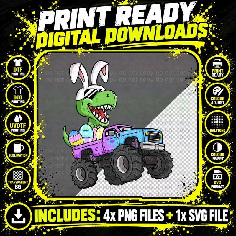 Easter Eggs Monster Truck T-Rex Dinosaur Rabbit Ears Png SVG Digital Bundle