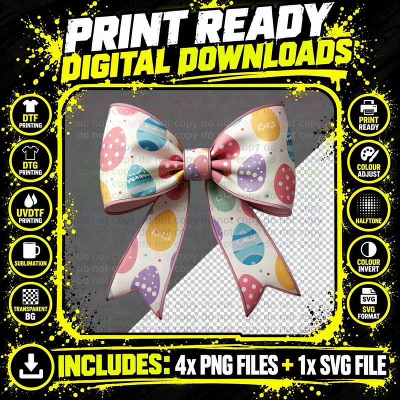 Easter Eggs Pattern Pastel Decorative Bow Spring Holiday Png SVG Digital Bundle