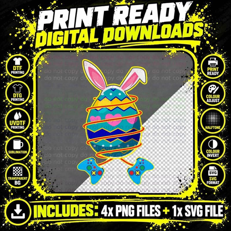 Easter Gamer Bunny T-Shirt, Easter Egg Print Png SVG Digital Bundle