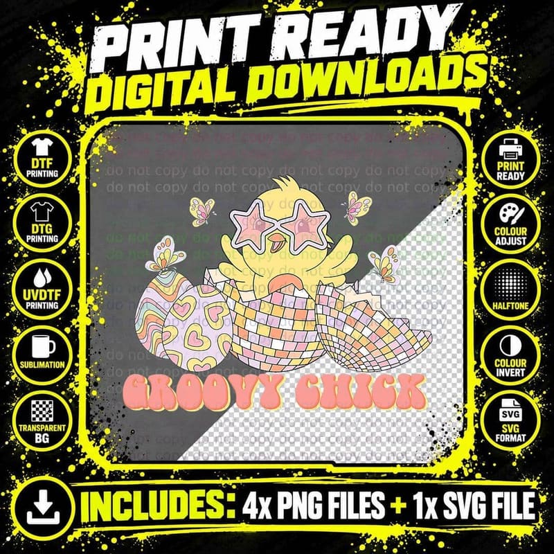 Easter Groovy Chick Groovy Easter Egg Disco Hunny Bunny Png SVG Digital Bundle