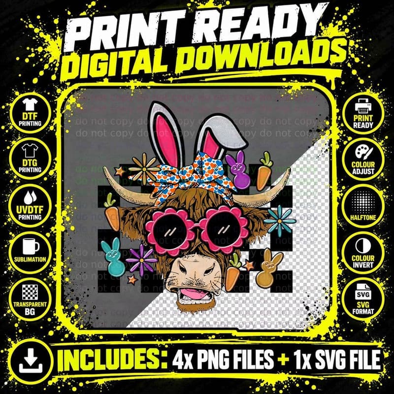 Easter Highland Cow with Bunny Ears Highland Cow T-Shirt Png SVG Digital Bundle