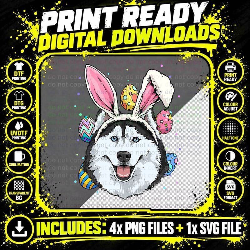 Easter Husky Bunny Ears T-Shirt, Easter Egg Print Png SVG Digital Bundle