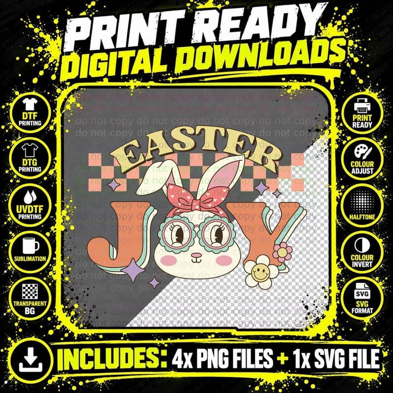 Easter Joy Easter T-Shirt, Easter Bunny with Glasses and Png SVG Digital Bundle