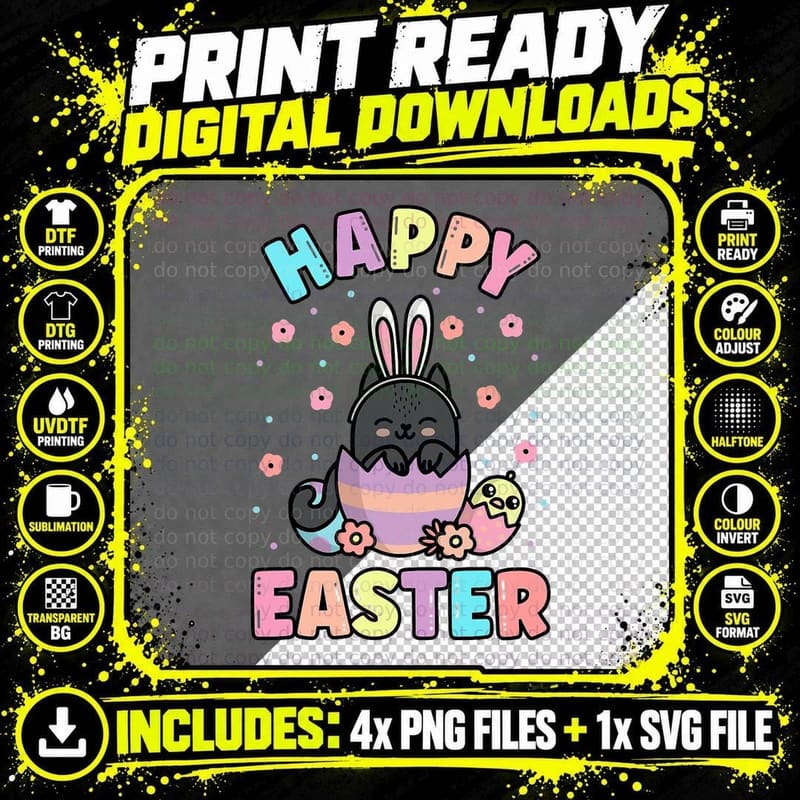 Easter Kawaii Bunny Cat Cute Spring Egg Hunting Kids Png SVG Digital Bundle