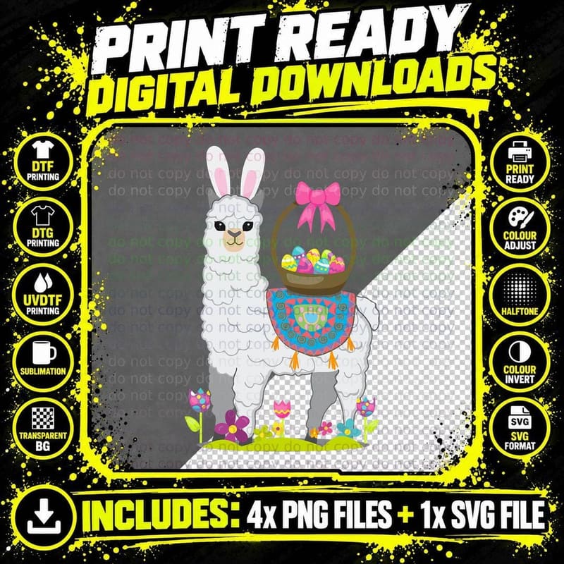 Easter Llama Alpaca T-Shirt, Funny Easter Print Png SVG Digital Bundle