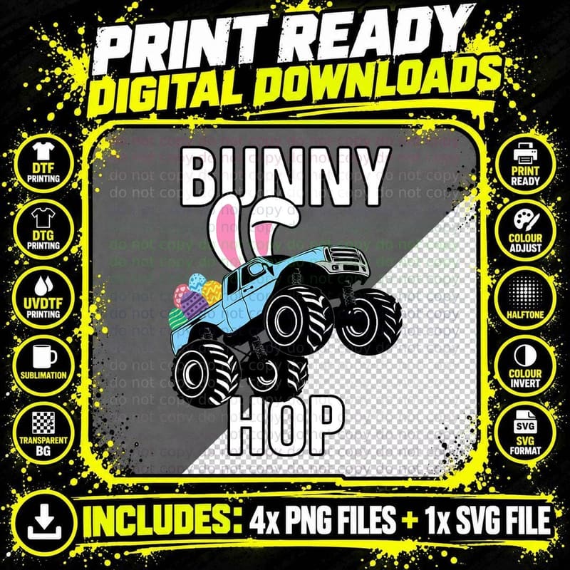 Easter Monster Truck Jump Hop Rabbit Ears Kids Boys Png SVG Digital Bundle
