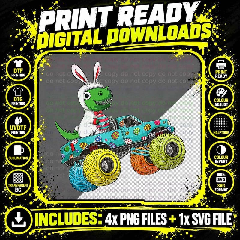 Easter Monster Truck Trex Dinosaur Bunny Costume Kids Png SVG Digital Bundle
